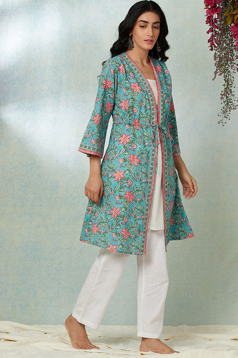 Turquoise Block Printed Cotton Long Kimono