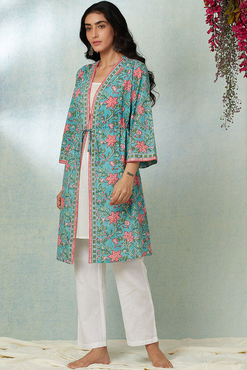 Turquoise Block Printed Cotton Long Kimono
