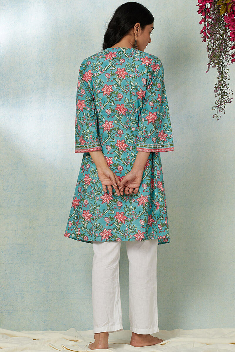 Turquoise Block Printed Cotton Long Kimono
