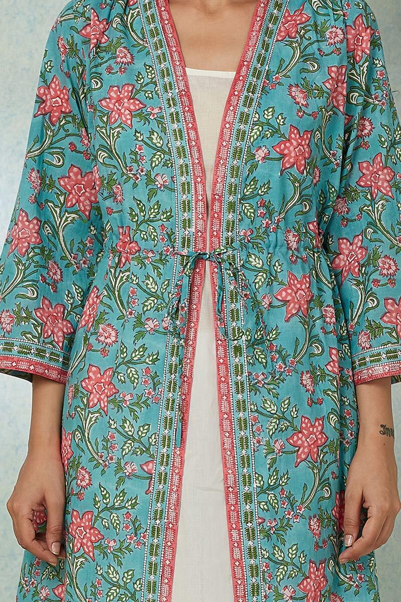 Turquoise Block Printed Cotton Long Kimono