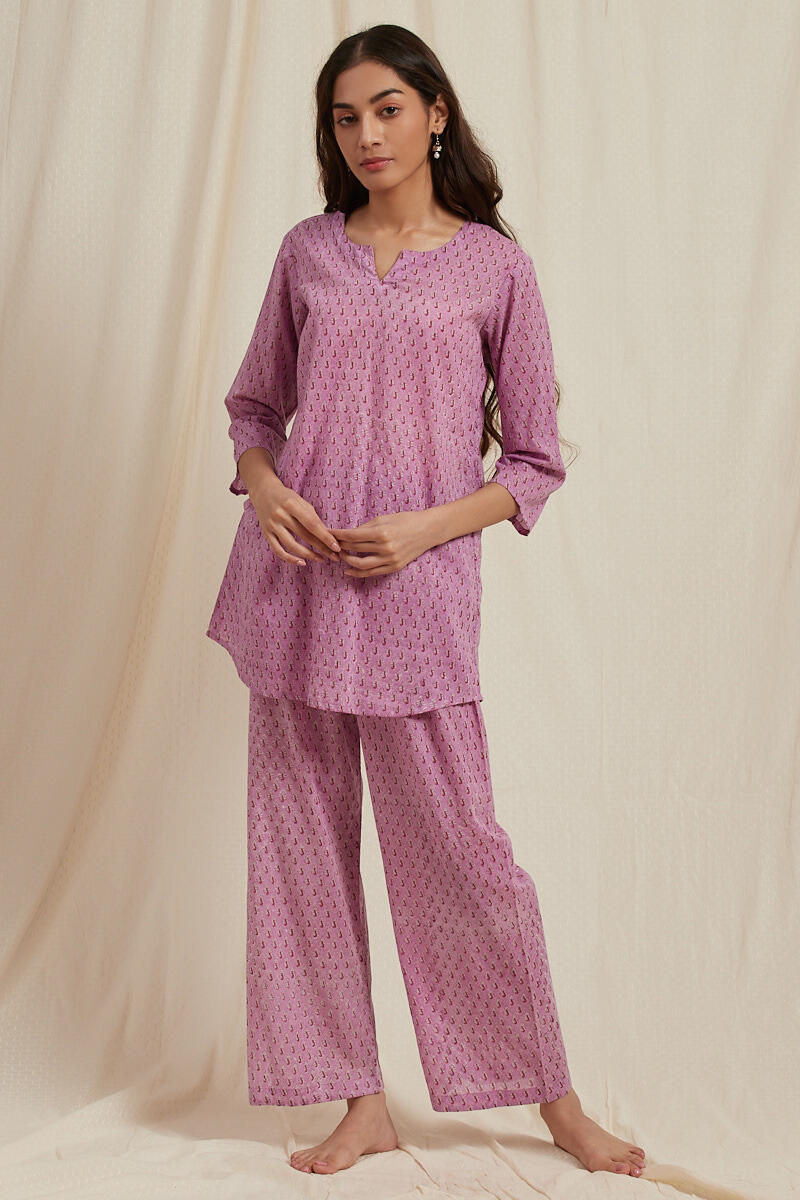 Pink Block Printed Cotton Pyjama Set