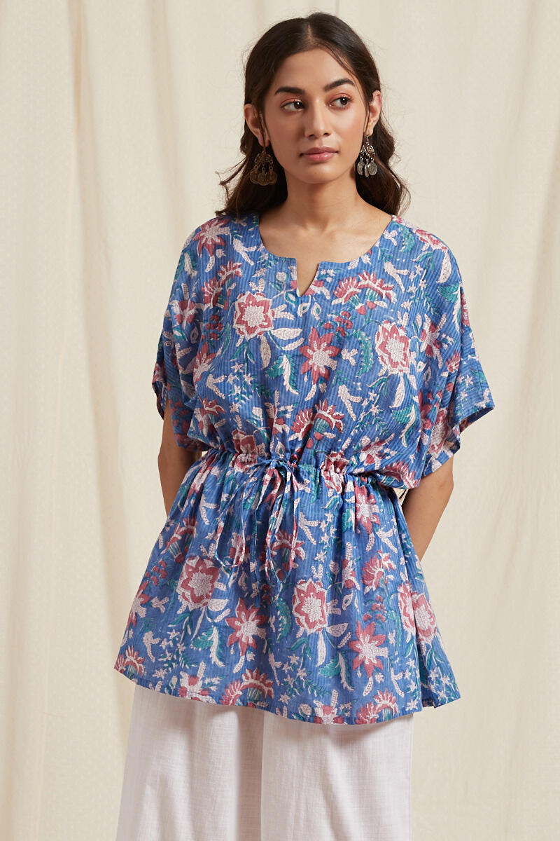 Buy Blue Block Printed Cotton Kaftan Top for Women FGSKF20 12 Farida Gupta