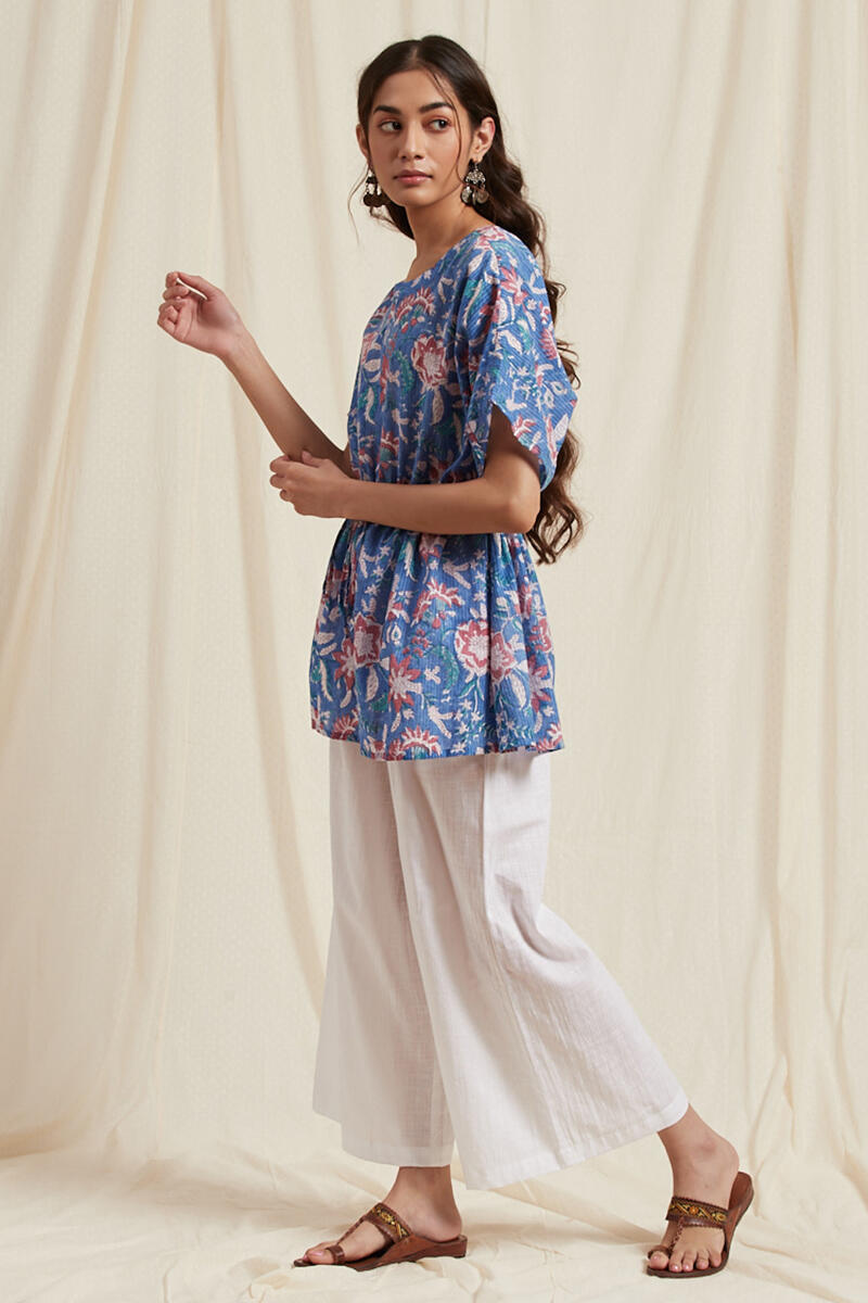 Blue Block Printed Cotton Kaftan Top