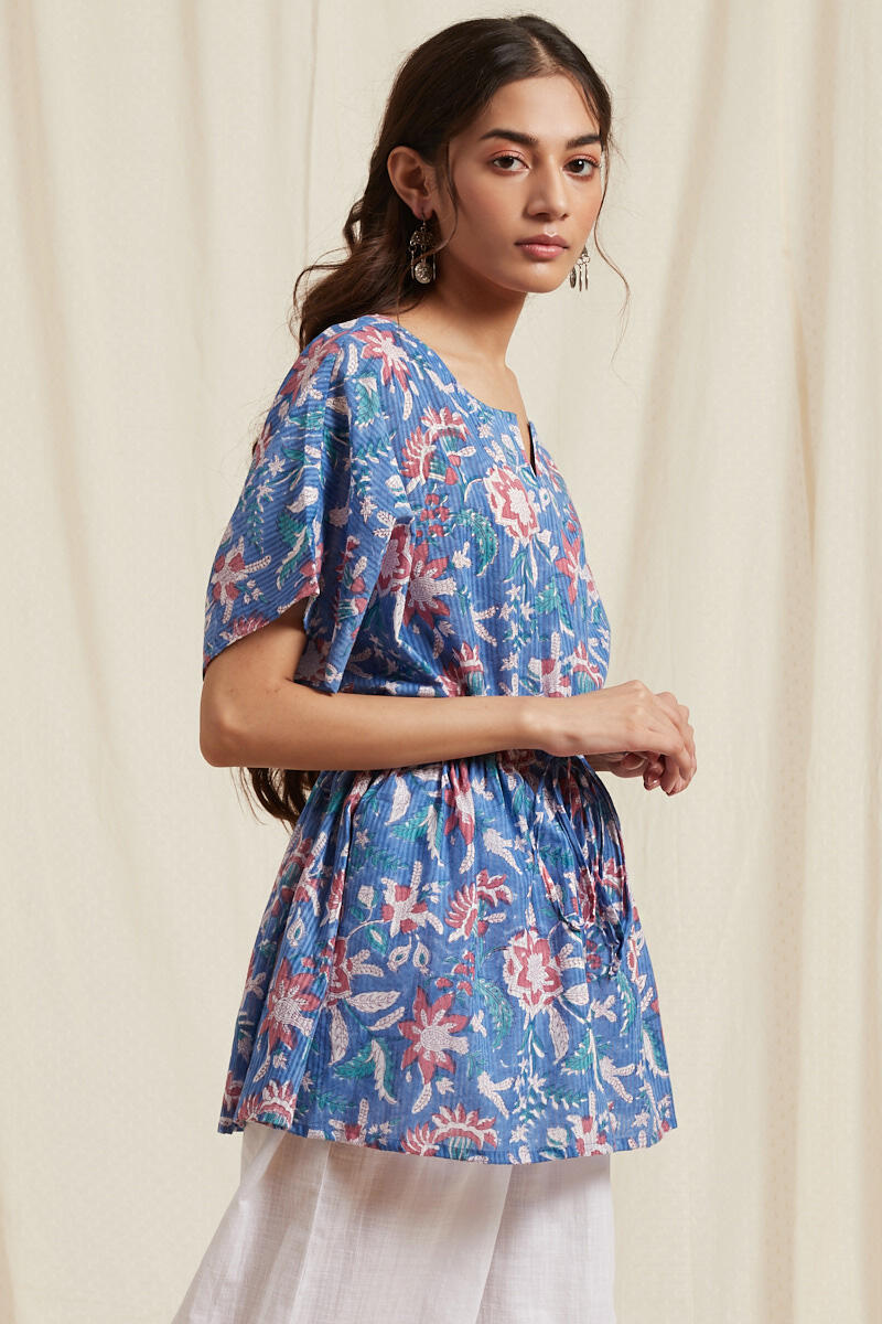 Blue Block Printed Cotton Kaftan Top