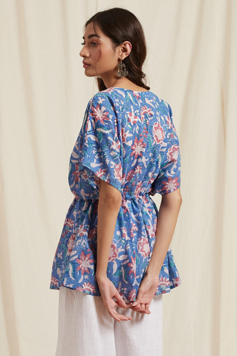 Blue Block Printed Cotton Kaftan Top