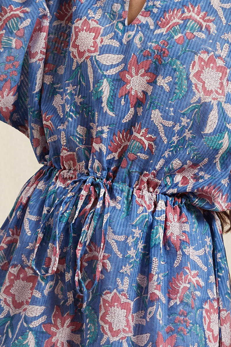 Blue Block Printed Cotton Kaftan Top