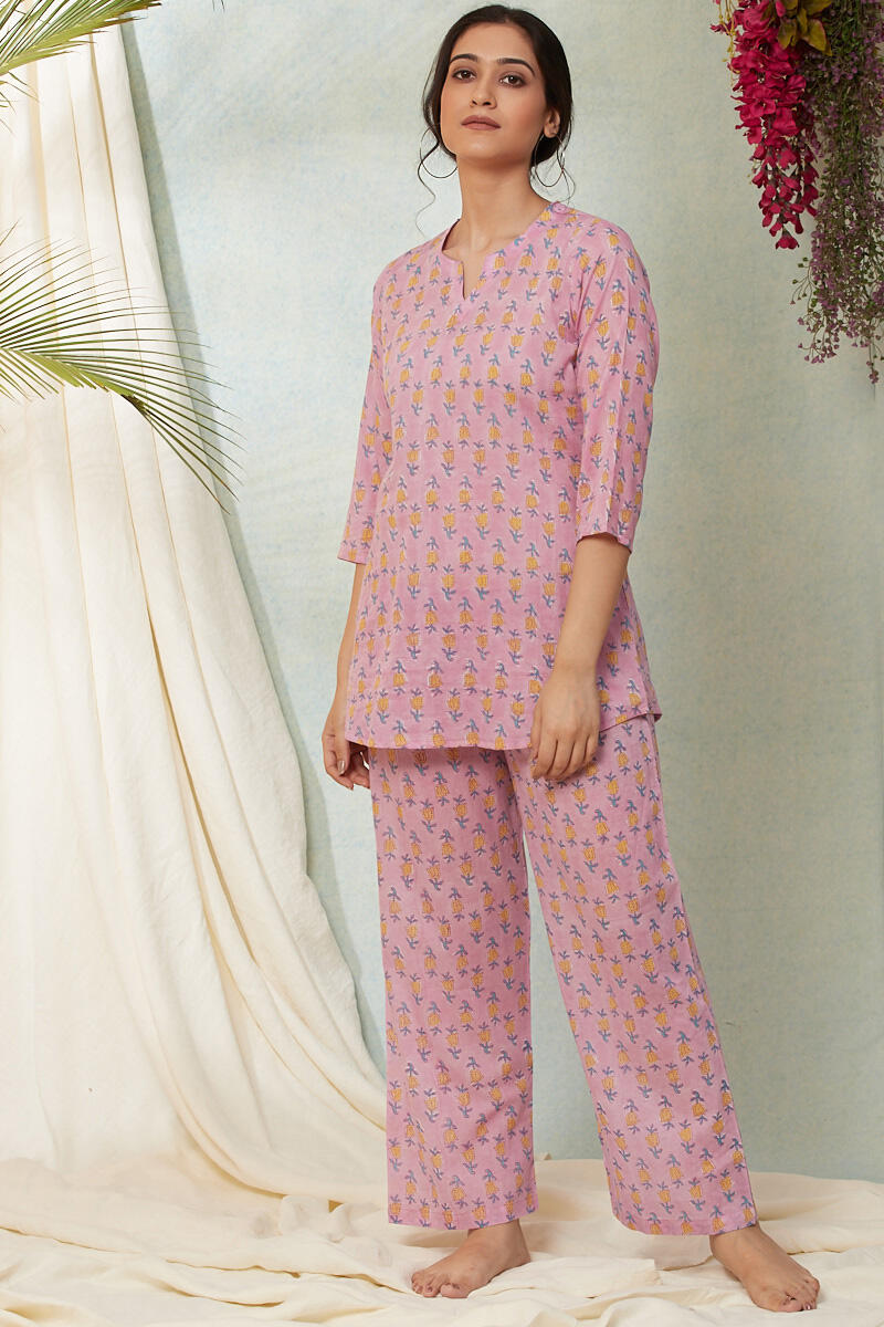 Pink Block Printed Cotton Nightsuit Set