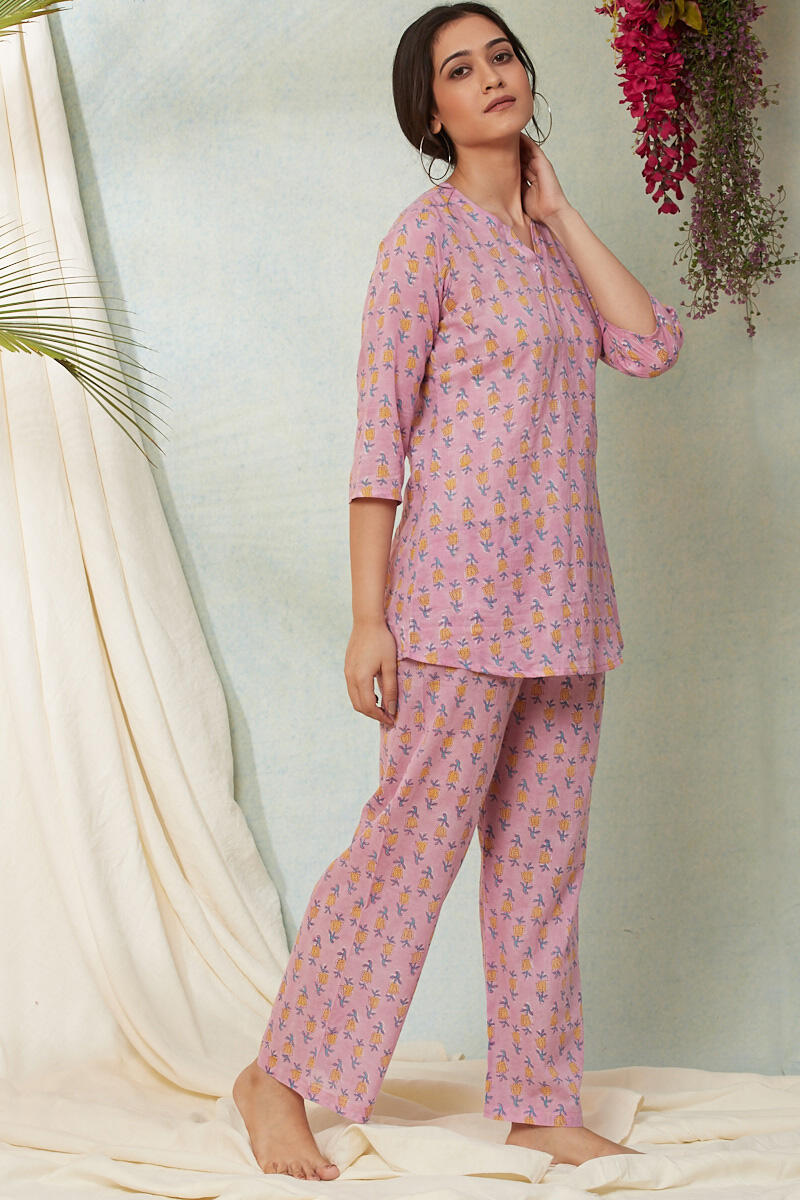 Pink Block Printed Cotton Nightsuit Set