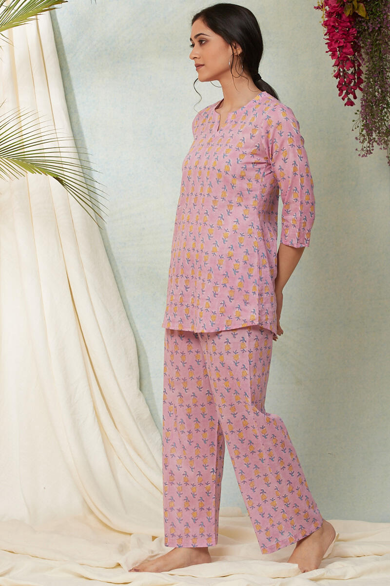 Pink Block Printed Cotton Nightsuit Set