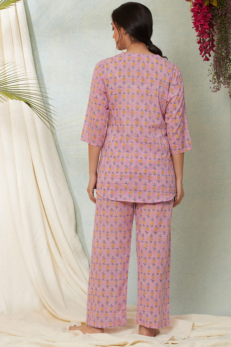 Pink Block Printed Cotton Nightsuit Set