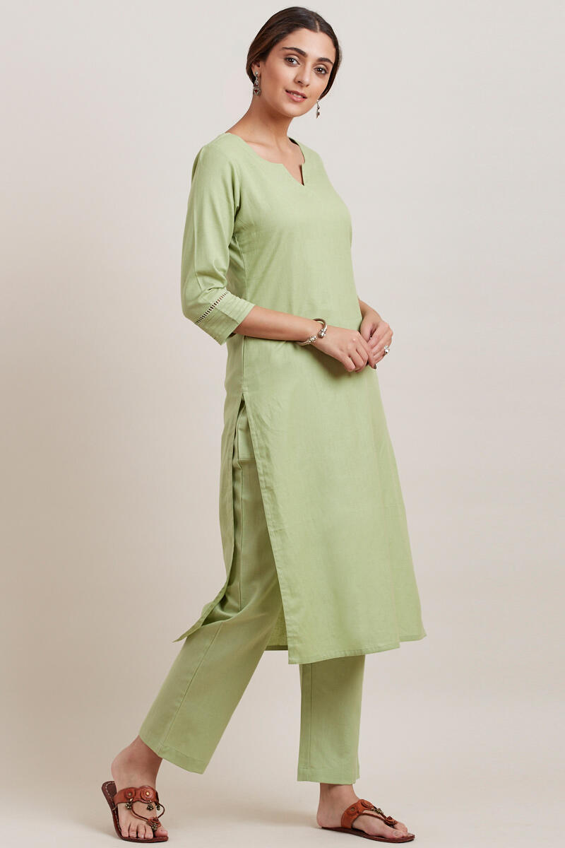 Green Handcrafted Straight Cotton Kurta