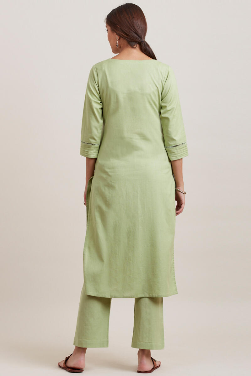 Green Handcrafted Straight Cotton Kurta