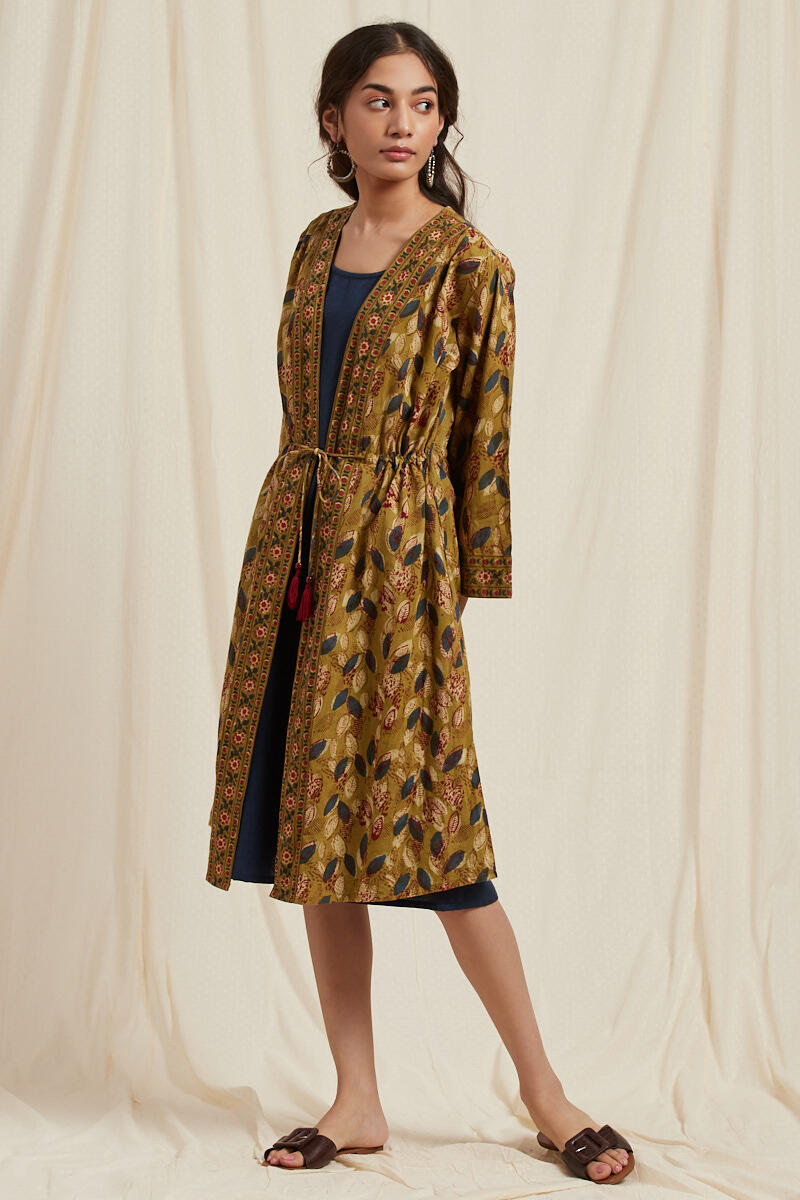 Buy Mustard Block Printed Cotton Long Kimono for Women FGLKO20 04 Farida Gupta