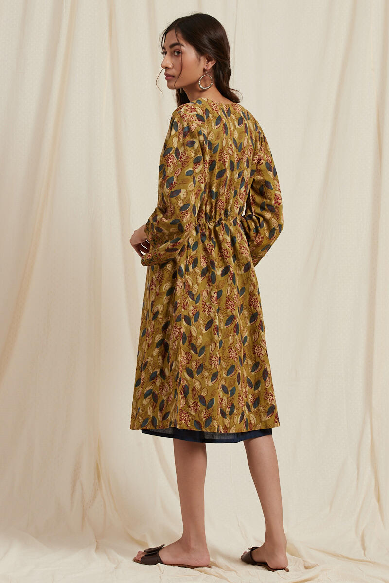 Mustard Block Printed Cotton Long Kimono