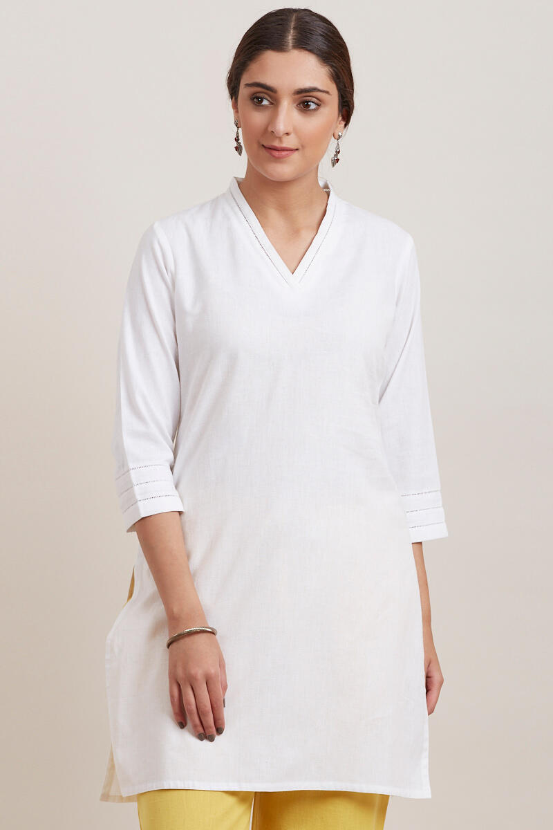 White Handcrafted Short Cotton Kurta