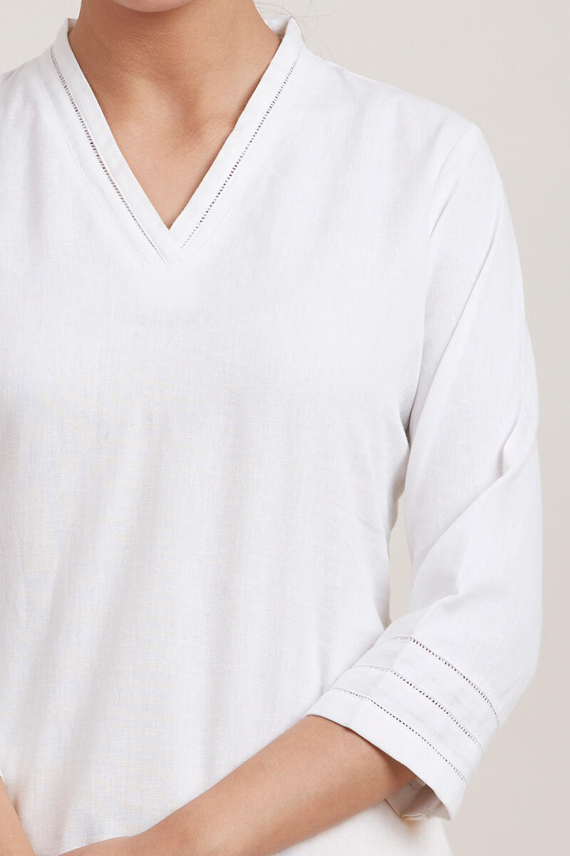 White Handcrafted Short Cotton Kurta