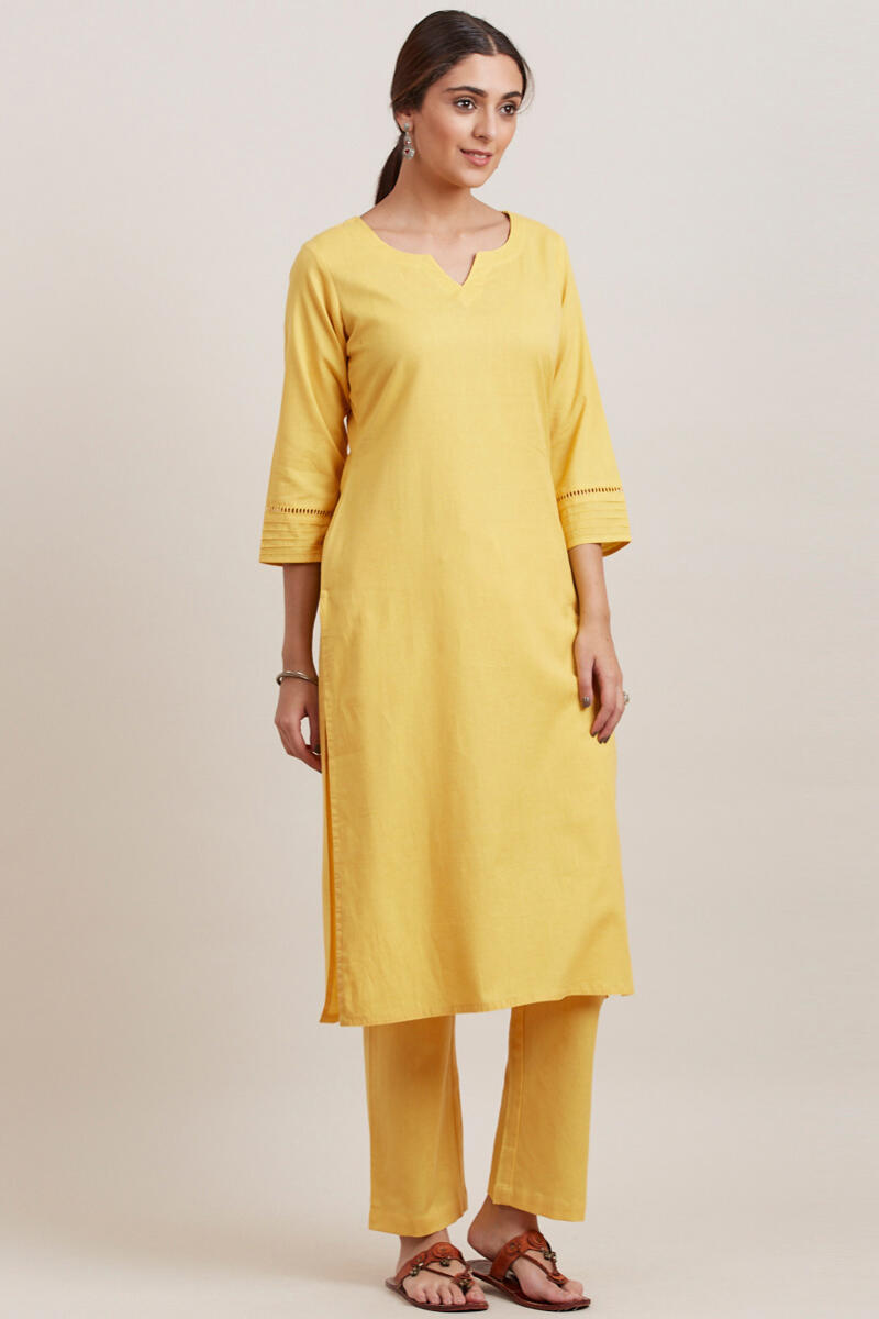 Yellow Handcrafted Straight Cotton Kurta