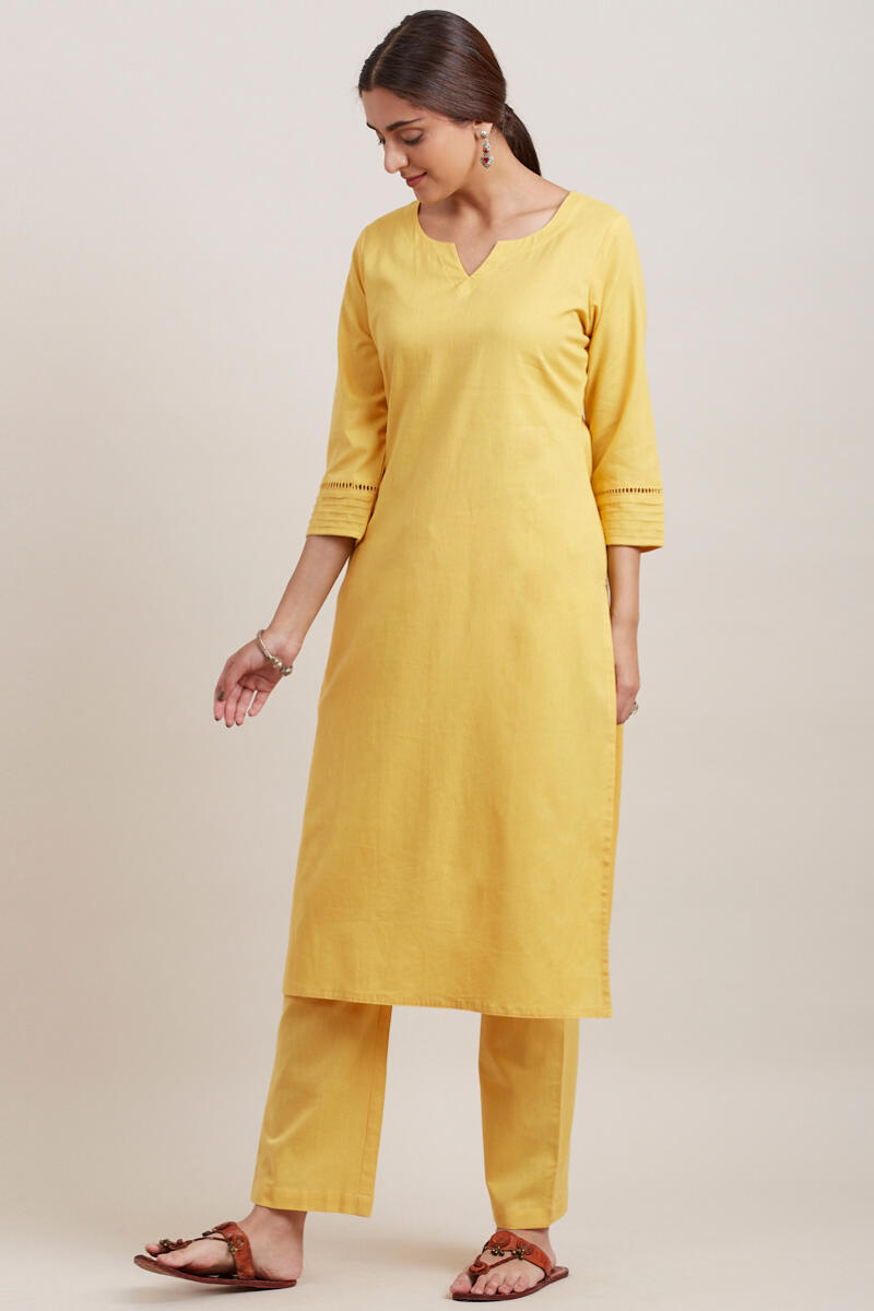 Yellow Handcrafted Straight Cotton Kurta
