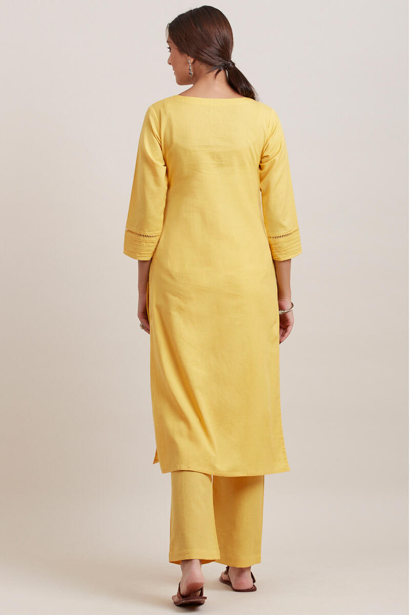 Yellow Handcrafted Straight Cotton Kurta