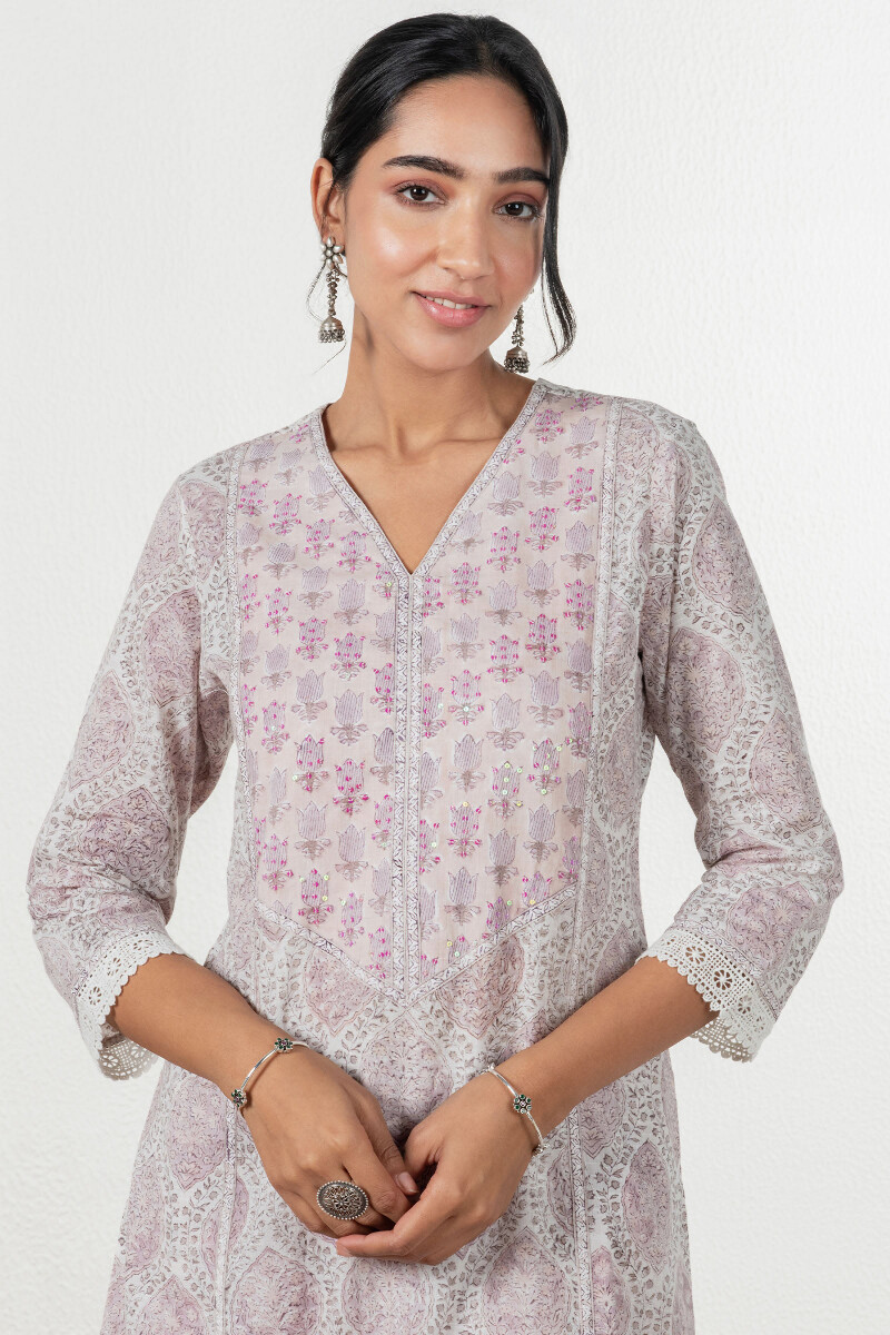 Pink Block Printed Straight Cotton Kurta