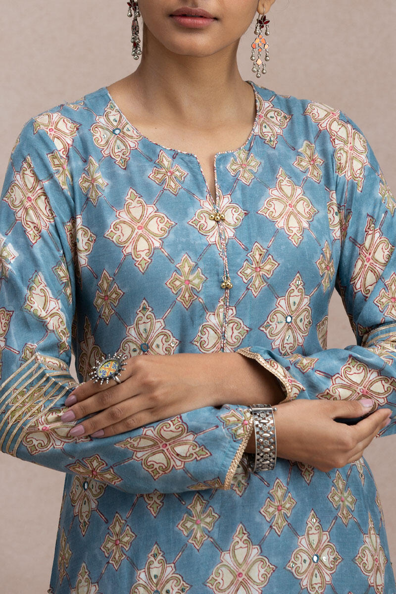 Blue Block Printed A-Line Modal Kurta