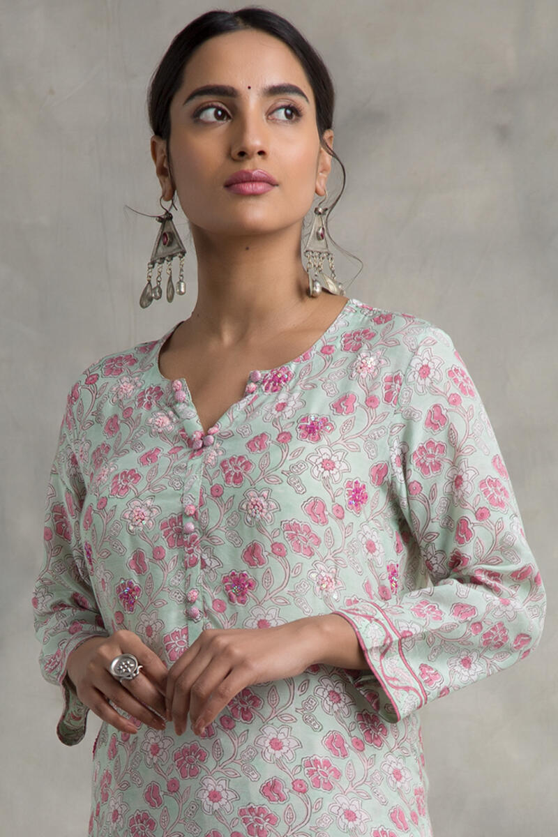 Green Block Printed Straight Muslin Kurta