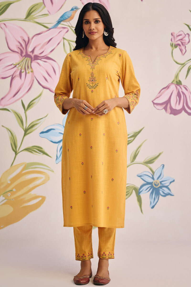 Mustard Handcrafted Straight Gauze Slub Kurta