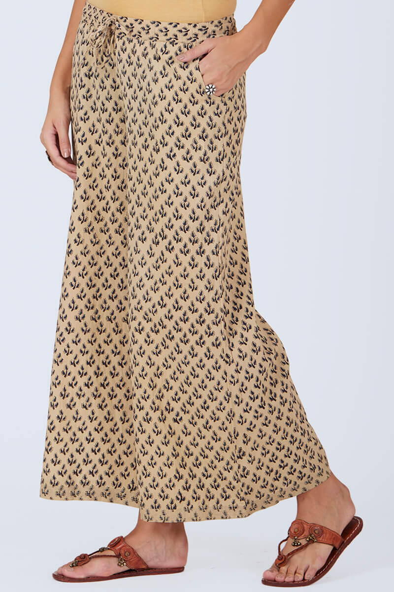 Beige Block Printed Cotton Palazzo