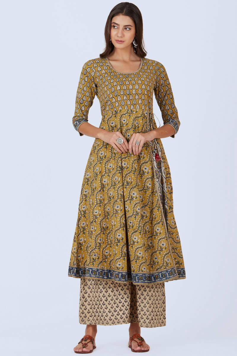 Beige Block Printed Cotton Palazzo