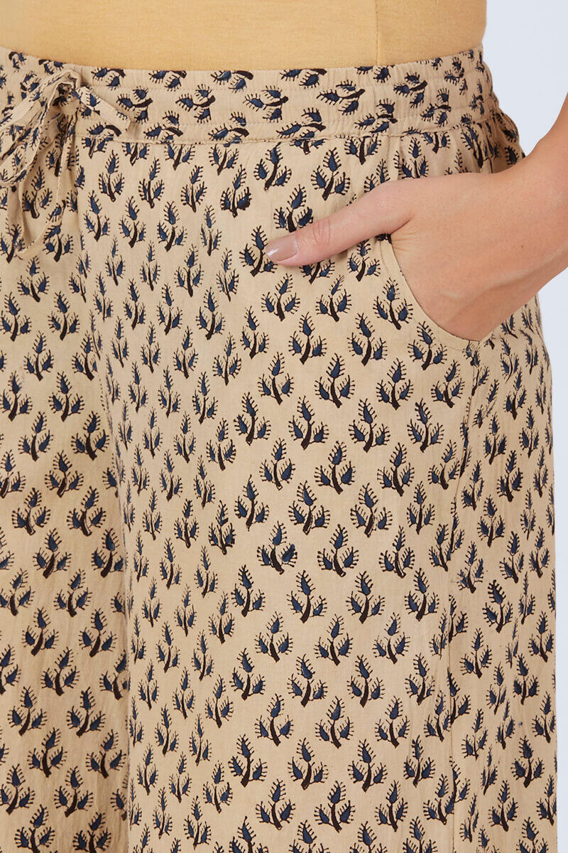 Beige Block Printed Cotton Palazzo