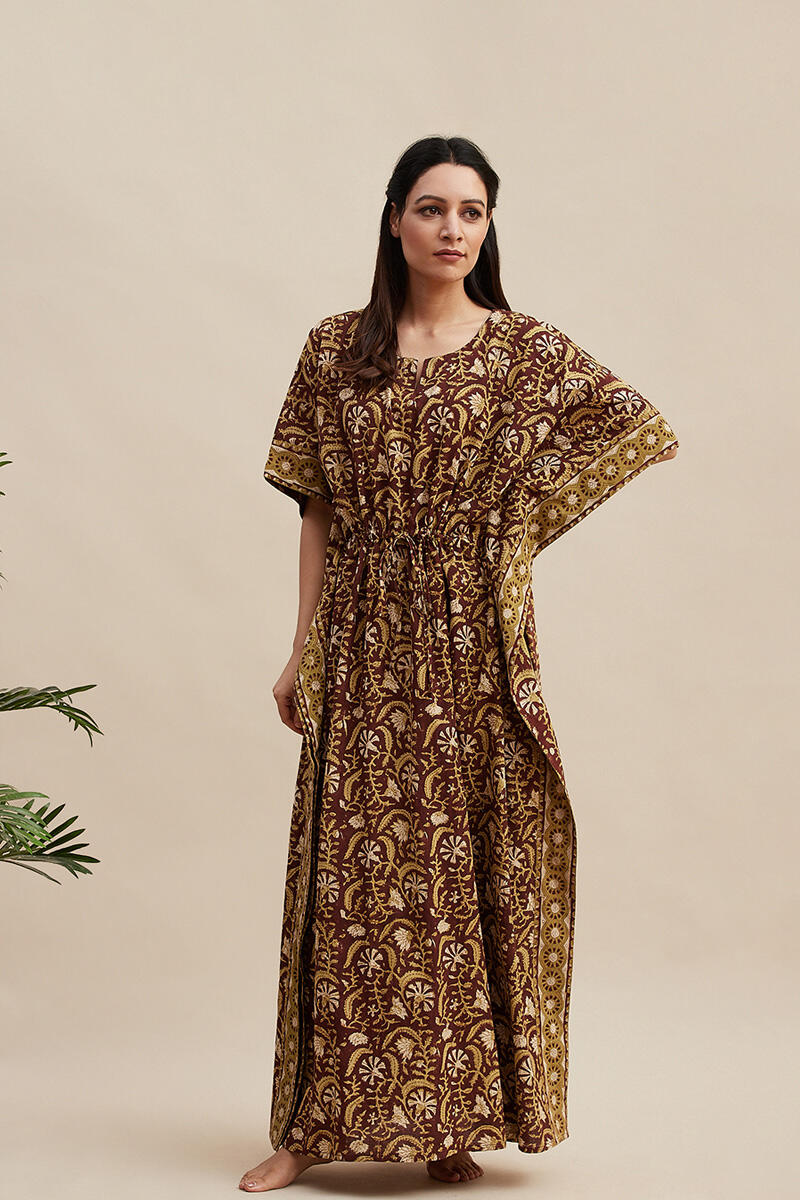 Brown Block Printed Cotton Kaftan