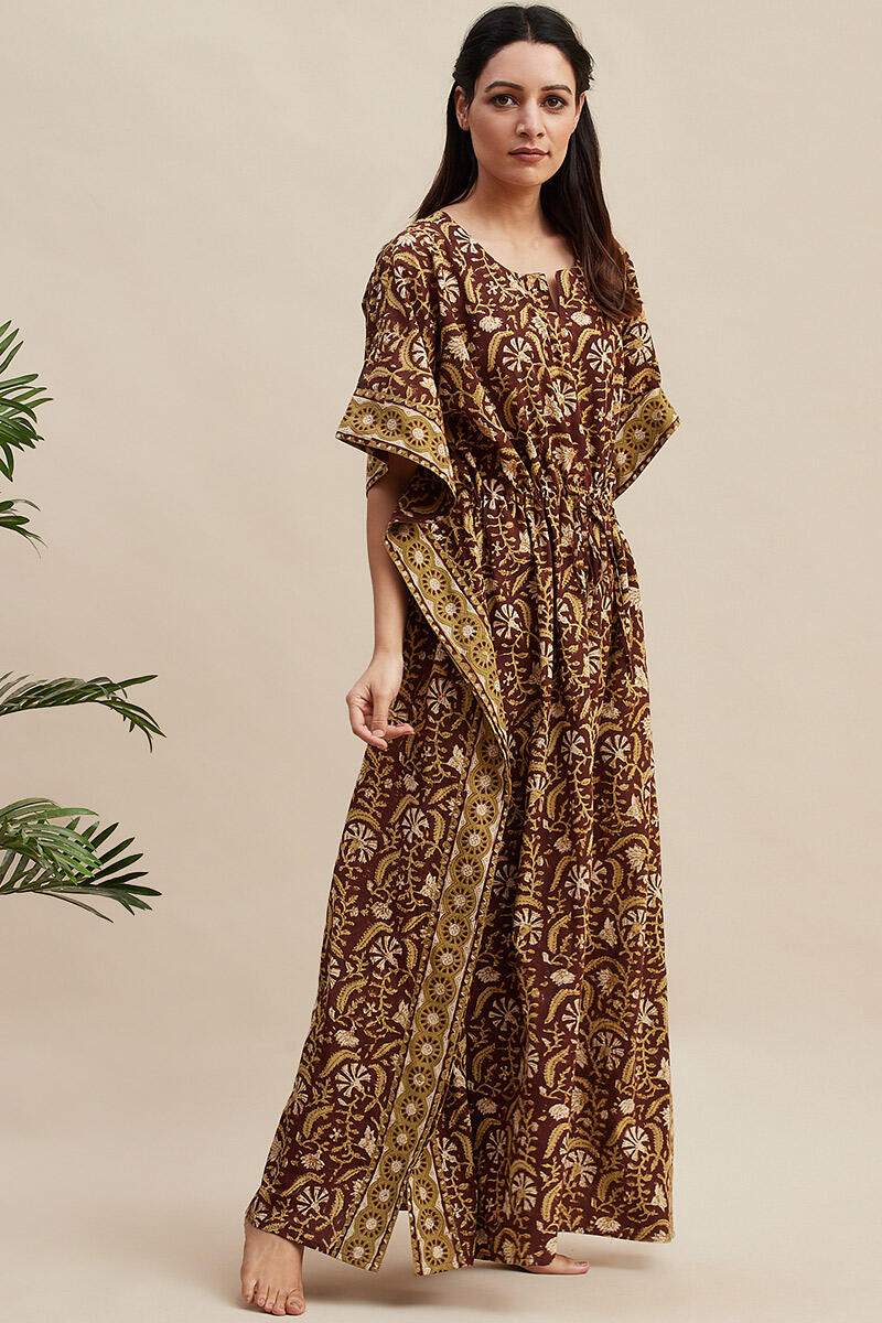 Brown Block Printed Cotton Kaftan