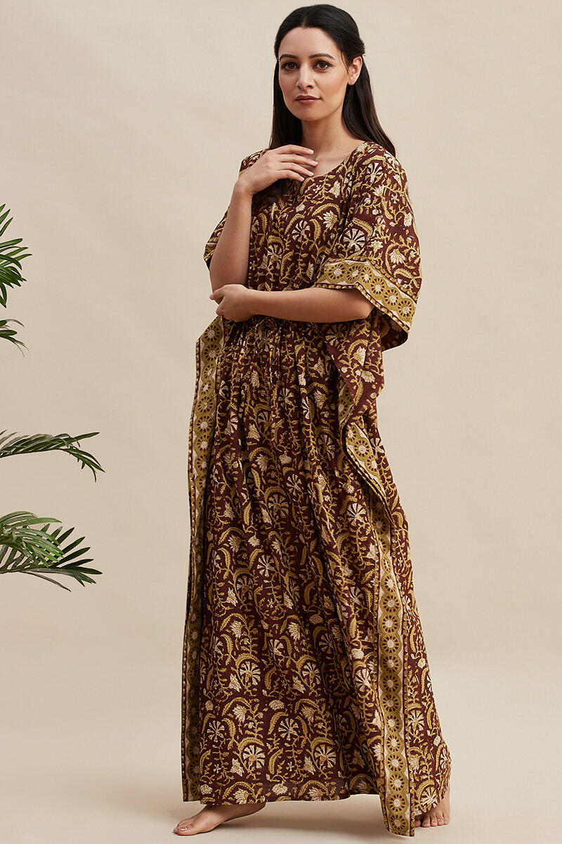 Brown Block Printed Cotton Kaftan