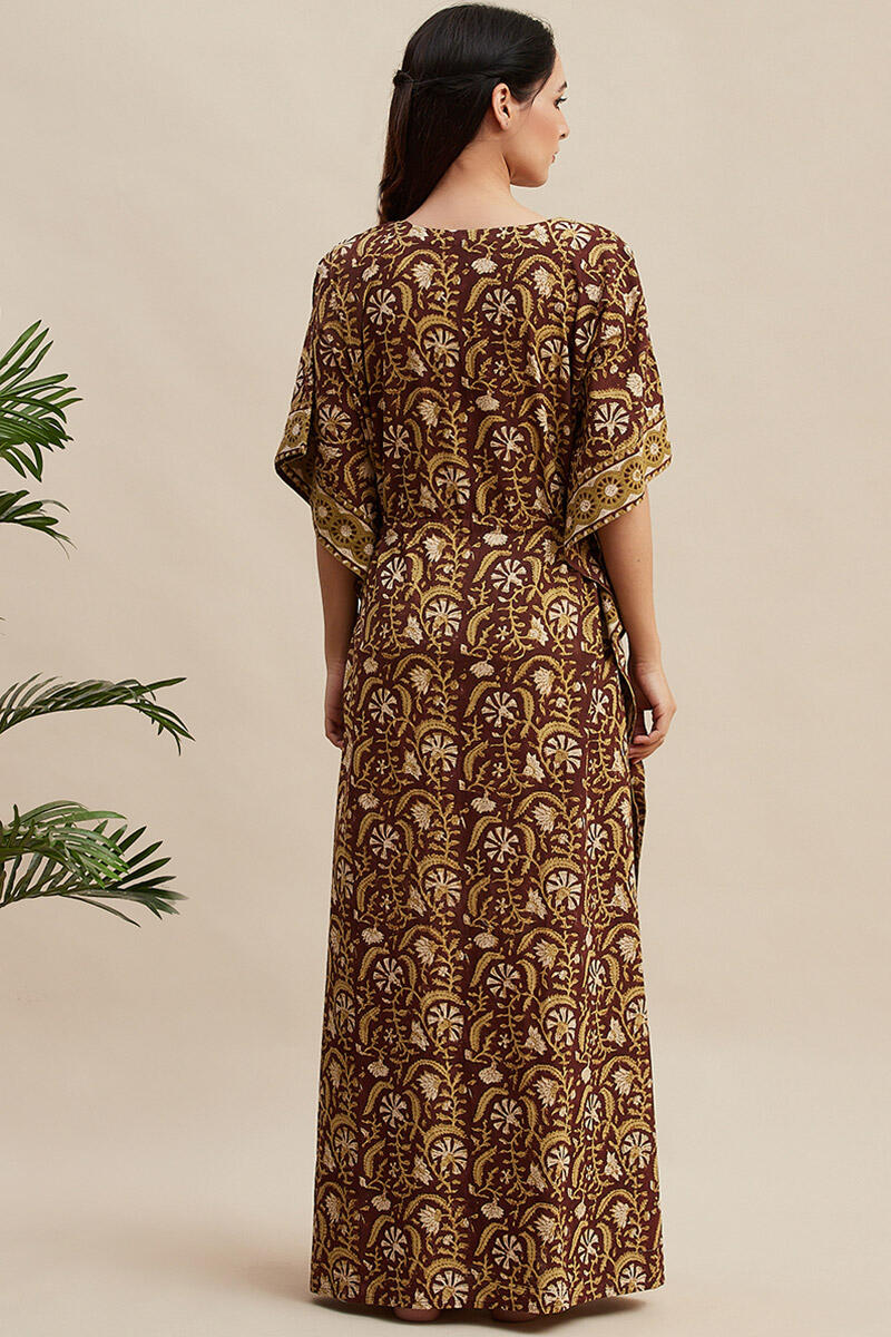 Brown Block Printed Cotton Kaftan