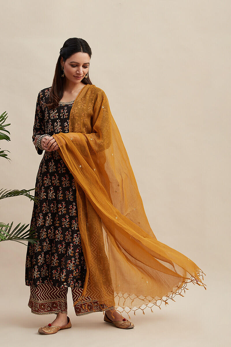 Mustard Block Printed Kota Dupatta