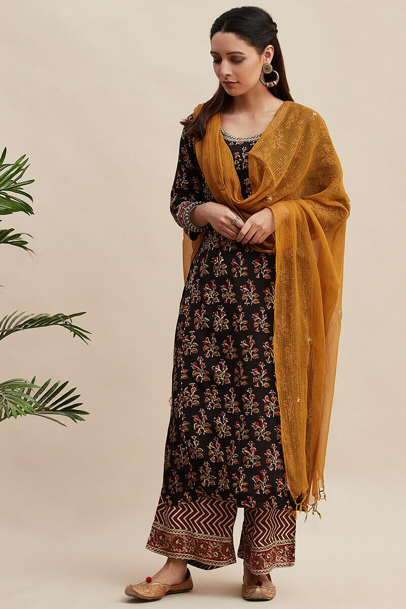 Mustard Block Printed Kota Dupatta