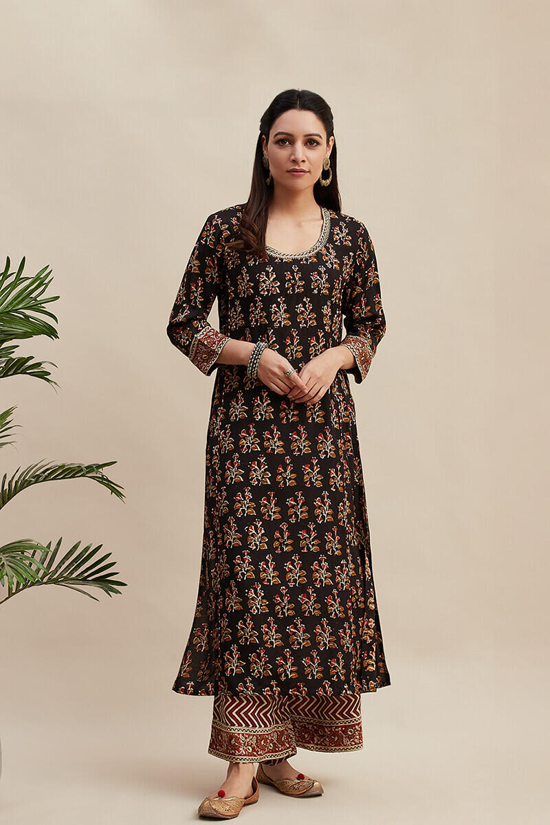 Black Block Printed Straight Shantung Kurta