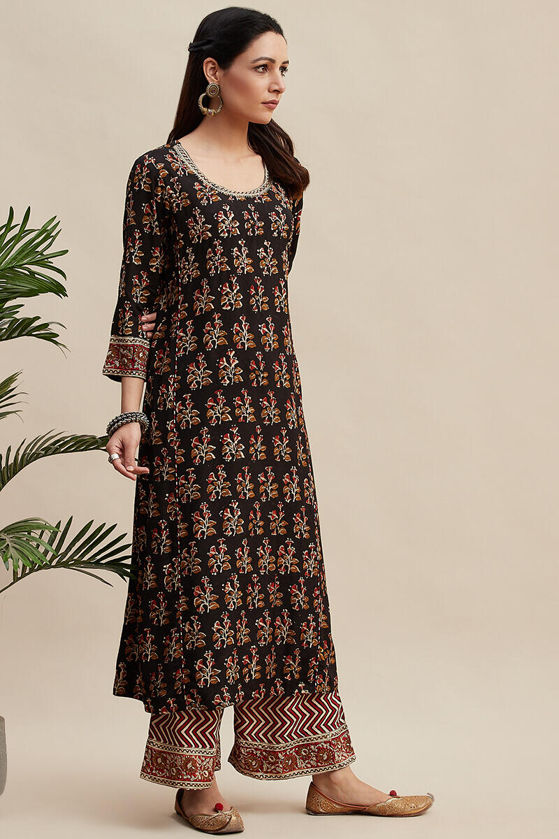Black Block Printed Straight Shantung Kurta