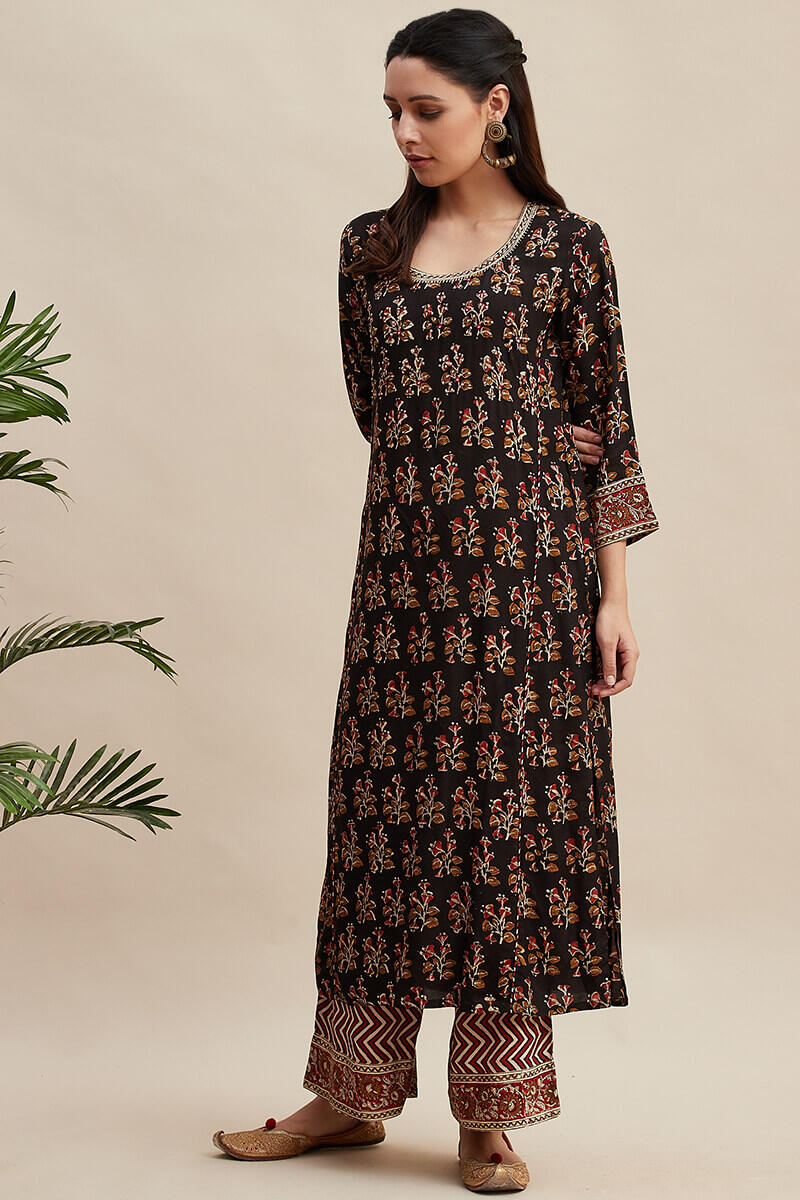 Black Block Printed Straight Shantung Kurta