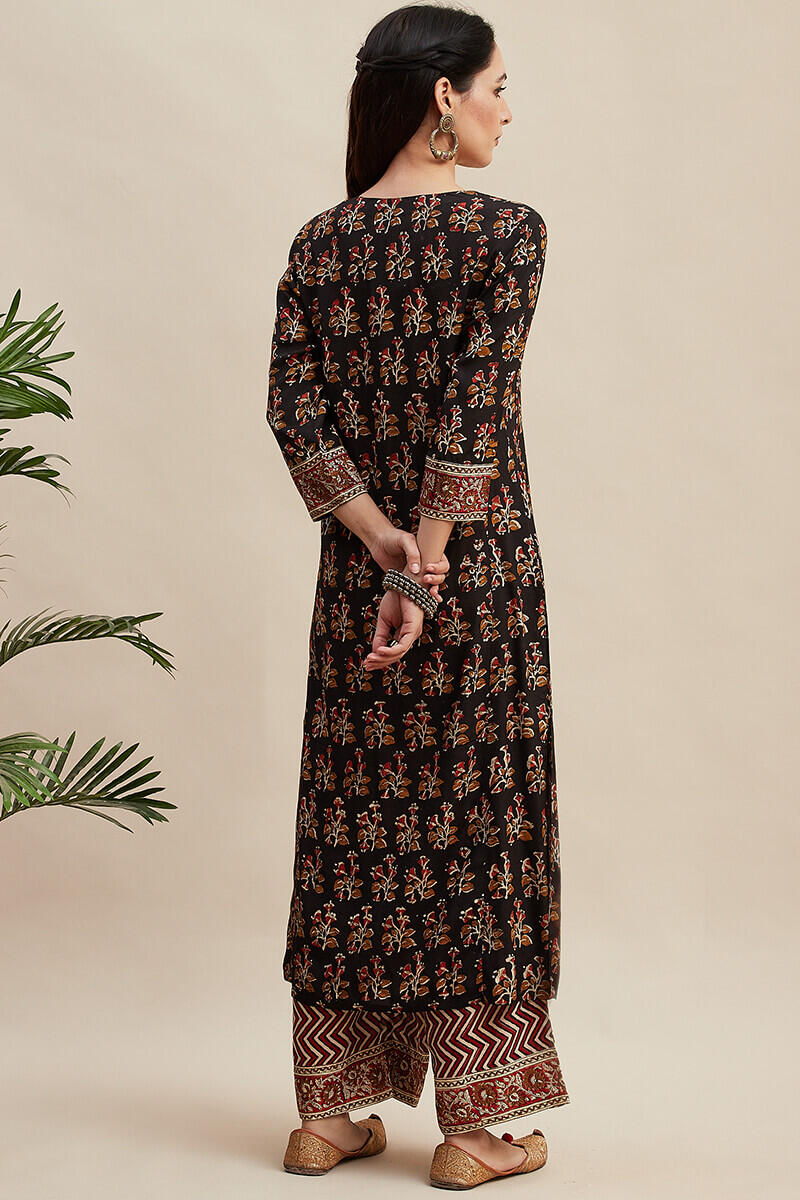 Black Block Printed Straight Shantung Kurta
