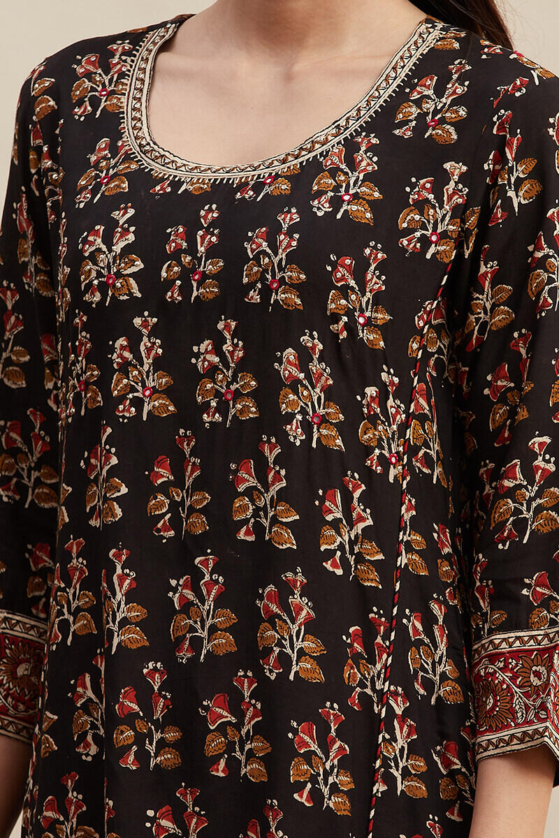 Black Block Printed Straight Shantung Kurta