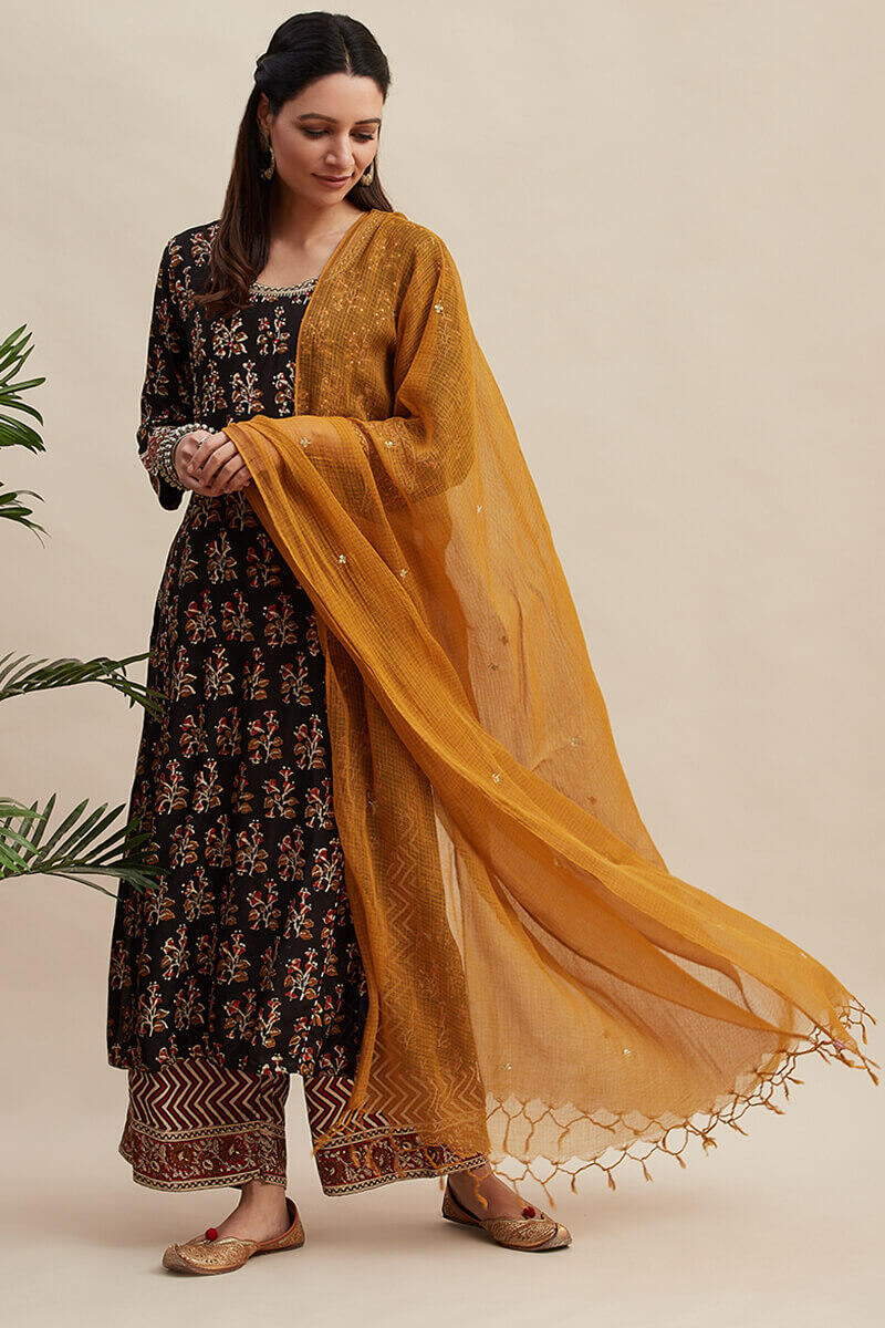Black Block Printed Straight Shantung Kurta