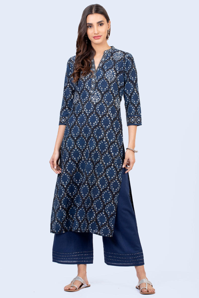 Indigo Block Printed Straight Cotton Kurta