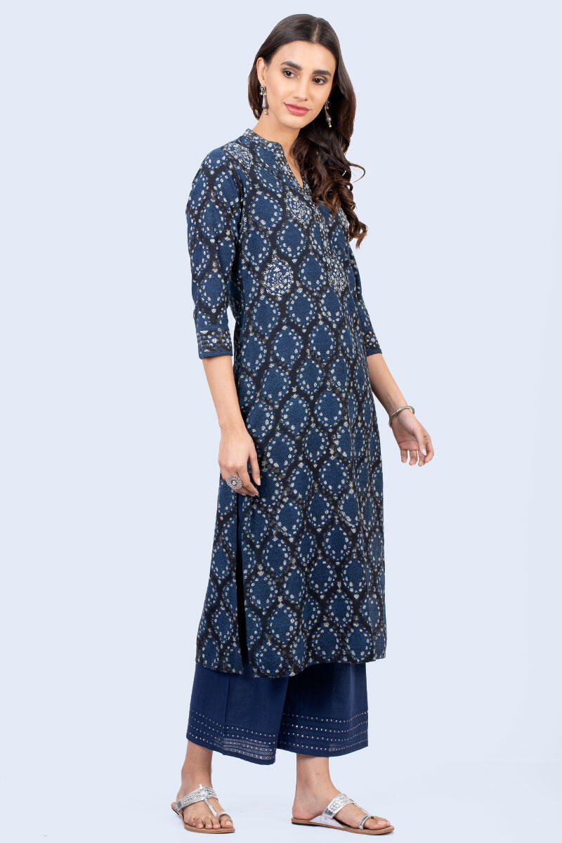 Indigo Block Printed Straight Cotton Kurta