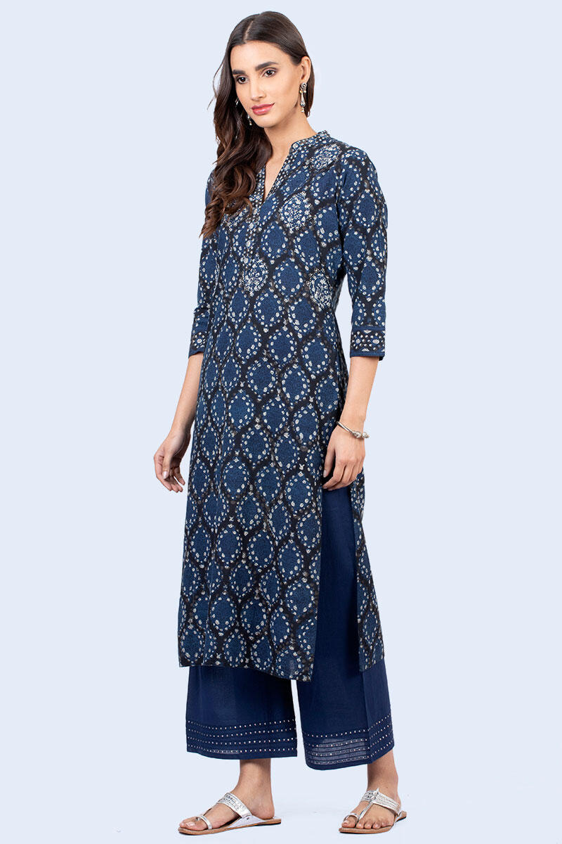 Indigo Block Printed Straight Cotton Kurta