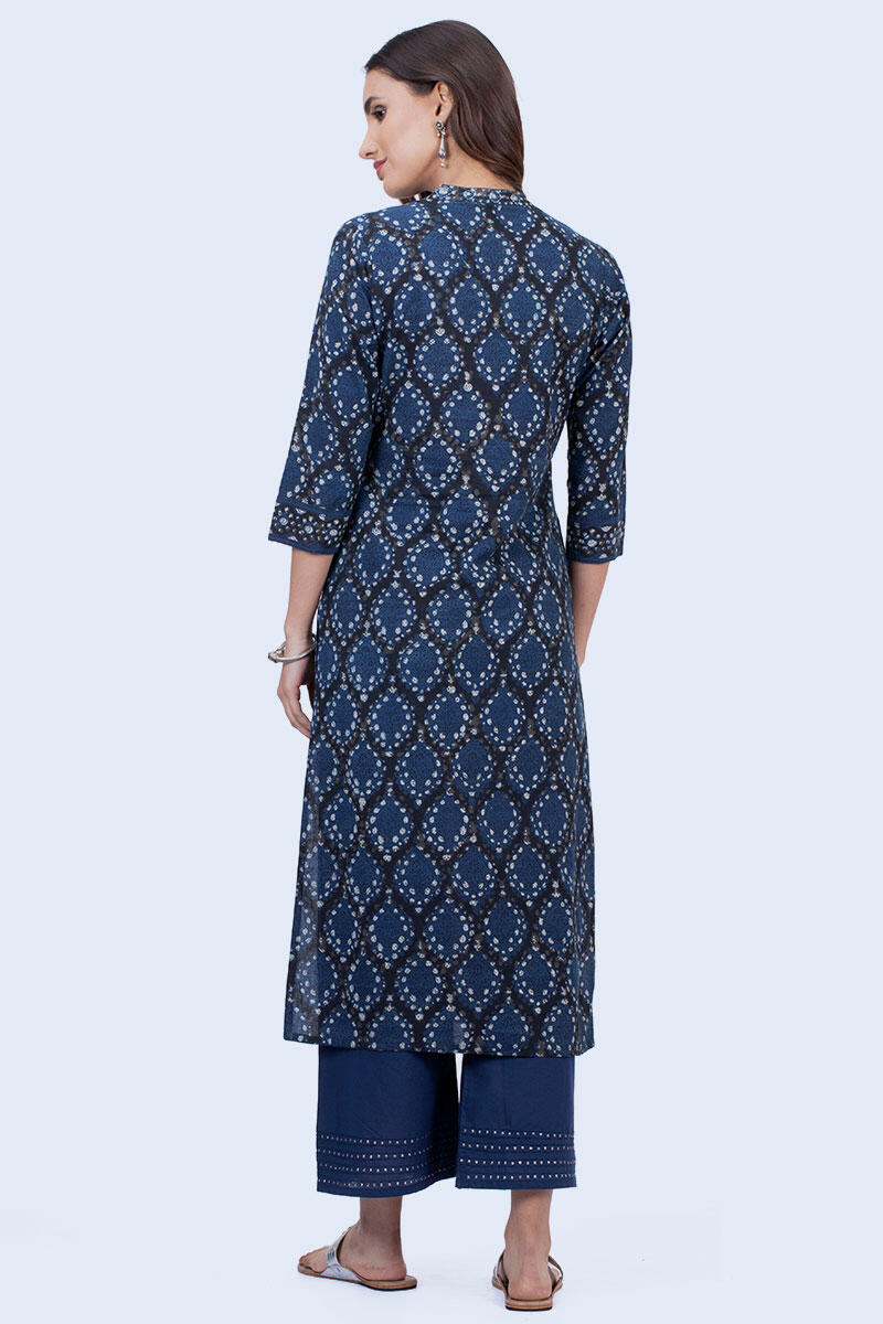 Indigo Block Printed Straight Cotton Kurta