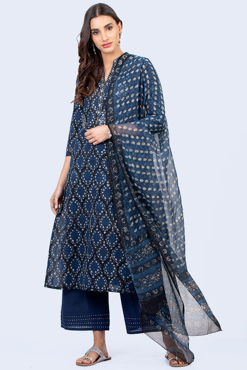 Indigo Block Printed Straight Cotton Kurta