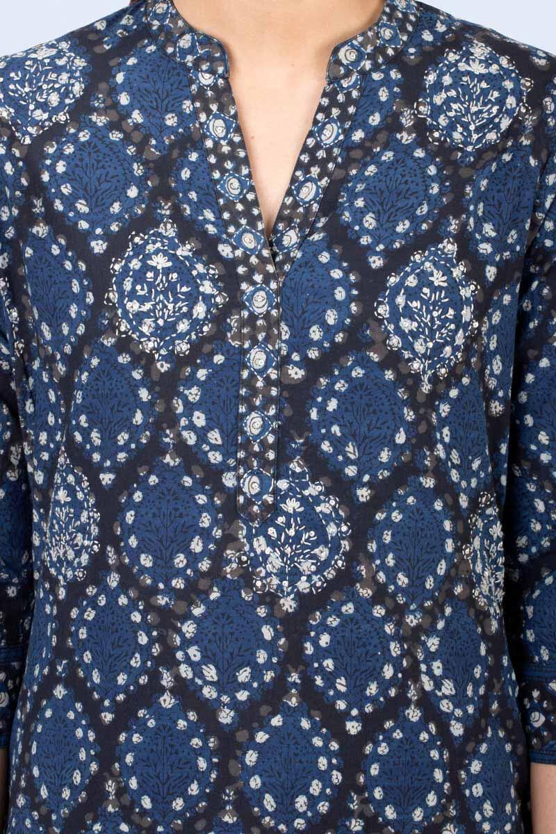 Indigo Block Printed Straight Cotton Kurta