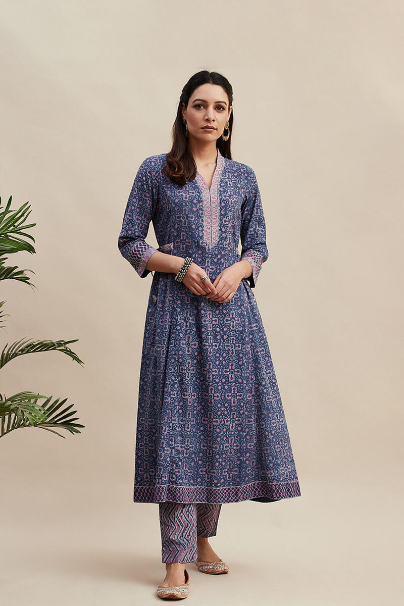 Purple Block Printed A-line Cotton Kurta