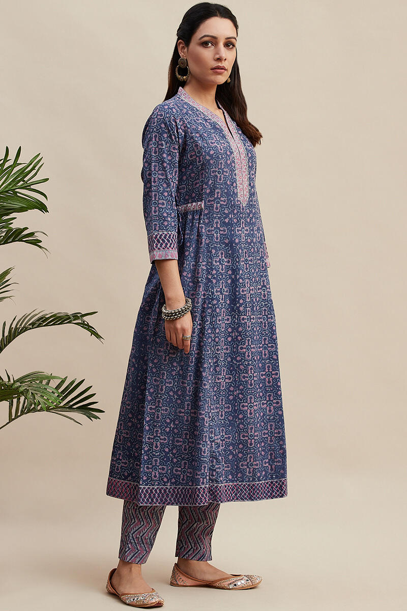 Purple Block Printed A-line Cotton Kurta